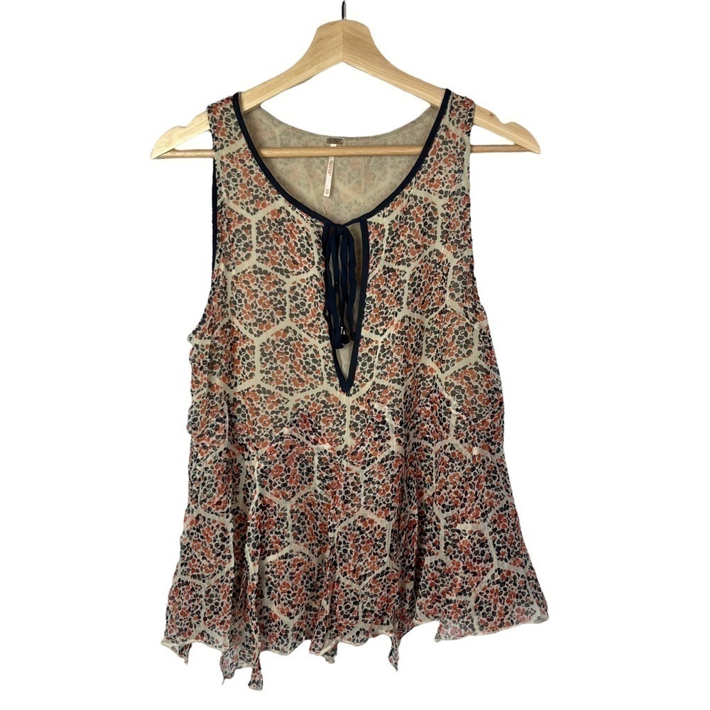 Free People Beige & Red Printed Raw Hem Tank Top XS